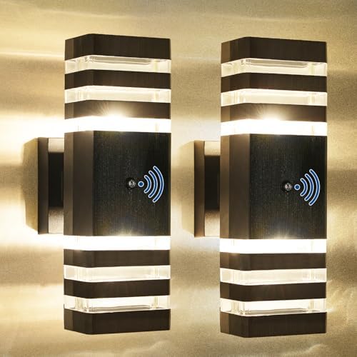 2PK Dusk to Dawn Sensor Outdoor Wall Lights Up Down Porch Lights Modern Exterior Light Fixtures Photocell Waterproof Black Aluminum Housing for Front Porch, Patio, Garage (Use Two E26 Bulbs) by DELICAVYLIGHTING