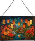 Twilight Garden with Floating Lanterns Rectangular Stained Glass Suncatcher – Hanging Window Panel with Animal & Nature Scene – Vibrant Glass Art Gift for Wildlife, Fantasy, Nature Lovers lsBhyO by Custom
