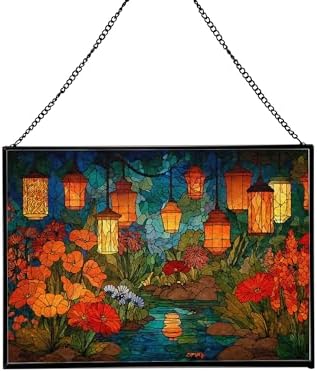 Twilight Garden with Floating Lanterns Rectangular Stained Glass Suncatcher – Hanging Window Panel with Animal & Nature Scene – Vibrant Glass Art Gift for Wildlife, Fantasy, Nature Lovers lsBhyO by Custom