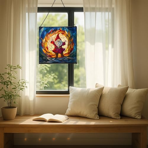 Fire Ring Gnome Dance Stained Glass Suncatcher – Square Hanging Window Panel for Home or Greenhouse – Whimsical Glass Art Gift for Garden Lovers, Christmas, Halloween, Father Days GdB5ES - Image 7