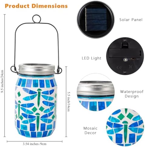 Starsoul 4 Pack Solar Hanging Lanterns Outdoor Waterproof, Mosaic Dragonfly Decor Glass Solar Outdoor Lights, Decorative Solar Lantern for Outside Pathway Patio Porch Yard Decor - Image 4