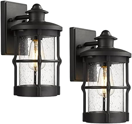 Outdoor Wall Sconces, Outdoor Wall Lights, Exterior Wall Mount Lighting, Wall Light Fixture in Black Finish with Seeded Glass (Black, 2 Pack) by RosientLighting