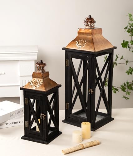 Large Farmhouse Wooden Lanterns with Metal Top, Decorative Floor Lanterns Set of 2, Black Frame with Rustic Gold Accents, Indoor/Outdoor Hurricane Lanterns for Home Decor (No Glass) by Venalys