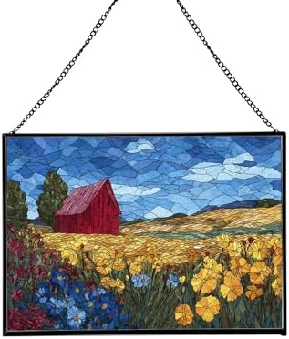 Barn Surrounded by Summer Wildflowers Rectangular Stained Glass Suncatcher – Hanging Window Panel with Animal & Nature Scene – Vibrant Glass Art Gift for Wildlife, Fantasy, Nature Lovers 5PBAyy by Custom