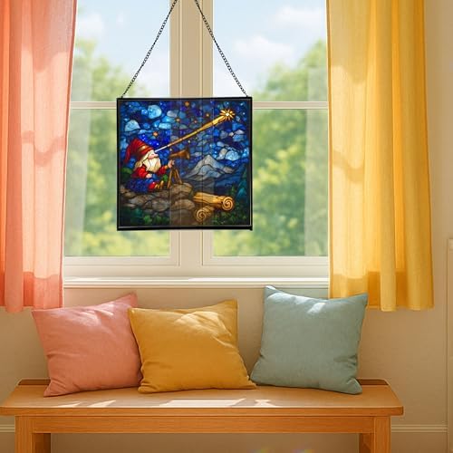 Gnome Stargazing Stained Glass Suncatcher – Square Hanging Window Panel for Home, Garden, Nursery, Halloween, Christmas, Memorial Day – Whimsical Glass Art Gift for Gnome Lovers pdylcp - Image 5