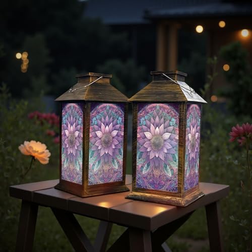 Stained Glass Style Solar Lantern Outdoor Garden Hanging Lantern Pastel Sunflower Stained Glass Symmetrical Mosaic Waterproof Solar Powered Lighting Outside Table Lamp for Patio Deck Yard Camping - Image 6