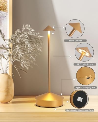 2 Pack Aluminum Cordless Table Lamp, 6000mAh Rechargeable Table Lamps, Portable Touch LED Lamp, Outdoor Waterproof Dimmable Cordless Rechargeable Table Lamps for Restaurant/Patio-(Gold) - Image 6