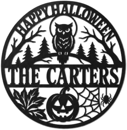 Personalized Halloween Metal Sign, Custom Family Name Wall Decor with Owl, Pumpkin and Spider Web, Round Front Door Sign for Porch, Entryway, Indoor Outdoor Home Decoration by ENFODREAM