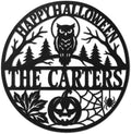Personalized Halloween Metal Sign, Custom Family Name Wall Decor with Owl, Pumpkin and Spider Web, Round Front Door Sign for Porch, Entryway, Indoor Outdoor Home Decoration by ENFODREAM