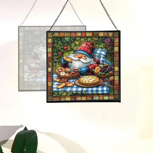 Baking Gnome Picnic Stained Glass Suncatcher – Square Hanging Window Panel for Home or Greenhouse – Whimsical Glass Art Gift for Garden Lovers, Christmas, Halloween, Father Days qiiejq - Image 4