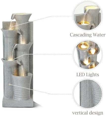 5 Tiered Waterfall Fountains, Bowl Water Fountain with LED Lights, Floor Garden Waterfalls Outside, Modern Cascading Flow Fountain for Garden, Yard, Patio, Home Decor (Light Grey) - Image 6