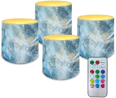 Blue Marble Flickering Flameless Candles 4Pcs Battery Operated LED Candles with Timer Remote Plastic Pillar Tea Lights for Outdoor Beach Wedding Coastal Home Decorations by Merkmak