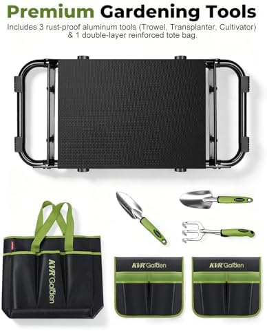 Garden Stool & Kneeler 7-Piece Set with 3 Aluminum Tools, Double-Layer Tote Bag & 2 Side Pouches - Foldable Gardening Bench Kit - Ideal Gifts for Women Mom Seniors (Light Green) - Image 6