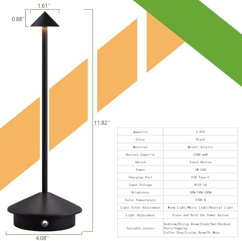 2 Pack Cordless LED Table Lamp, Rechargeable 5200mAH Battery Operated Lamp for Decor, 3 Color Stepless Dimming Desk Lamps, for Restaurant, Bedroom, Outdoor Camping, Coffee Shop, Night Light - Image 5