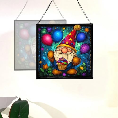 Birthday Balloon Gnome Stained Glass Suncatcher – Square Hanging Window Panel for Home or Greenhouse – Whimsical Glass Art Gift for Garden Lovers, Christmas, Halloween, Father Days 62hJGZ - Image 4