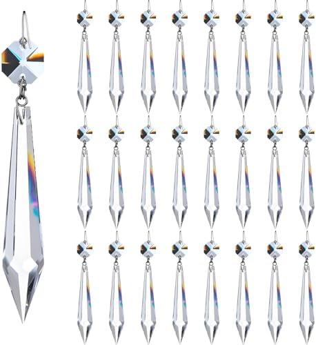 24Pcs 76mm Clear Crystal Chandelier Icicle Prisms with Octagon Beads,Crystals Lighting Lamp Replacement Parts,Crystal Decor for Christmas Wedding (Clear Color with Nickel Pin, 76mm(3.0inches)) by KINGSCRYSTAL