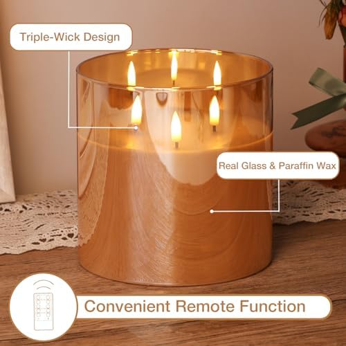 Eywamage Large 3 Wick Gold Glass Flameless Pillar Candle with Remote - Image 4