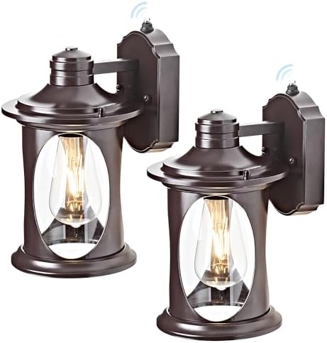OKELI 2-Pack Dusk to Dawn Outdoor Wall Lights, Black Exterior Lighting Fixture Wall Sconces with E26 & Tempered Glass, Rust Resistant Outside Lantern Lights Wall Mounted for Porch(Brown) by OKELI