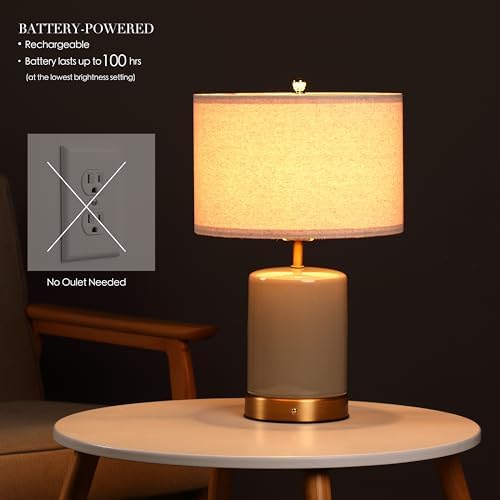 O’Bright Dune - Battery Powered Table Lamp, Rechargeable Cordless Ceramic Lamp, Full-Size 19.5 Inch Height, Dimmable, Smart Safety Protection, Type-C Fast Charging, LED Bulb Included, Stone Grey - Image 2