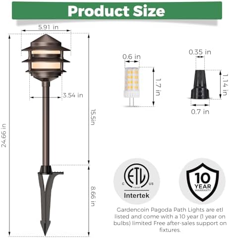 Gardencoin Pagoda Low Voltage Landscape Pathway Lights, 12V Outdoor LED Path Lights Wired, Aluminum Walkway Lighting with 4W 2700K Replaceable G4 Bulb, Bronze Classic 3-Tier Lantern, 6 Pack - Image 4