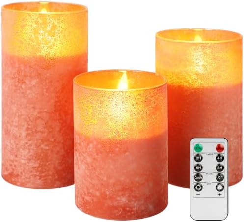 Flameless Candles Set of 3 Orange Glass LED Pillar Candle with Remote Timer by LetHOURlivenupyourroom