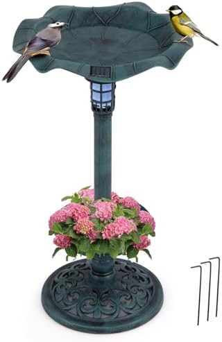 GIANTEX Bird Bath for Outside, 30 inch Solar Lighted Bird Bath and Feeder with Flower Planter, Lotus Leaf Water Bowl, 3 Stakes, Vintage Birdbath Outdoor Decoration for Garden Yard Lawn Patio (Green) by Giantex