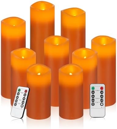 Vinkor Flameless Candles Battery Operated Candles Real Wax Pillar LED Candles with 10-Key Remote and Cycling 24 Hours Timer (Orange Set of 9) by Vinkor