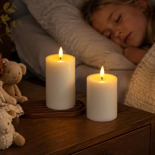 Yeelida Remote Flameless Flickering Pillar Candles with Candle Grease Effect,Pack of 3 White LED Battery Oprated 2/4/6/8 Hours Timer Real Wax Electric Candles(3x4,5,6 Inches) - Image 4