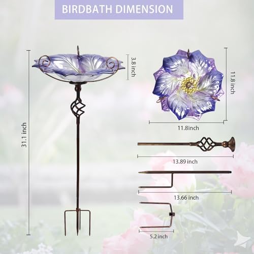 VCUTEKA Glass Outdoor Bird Bath Bird Feeder with Metal Stake Garden Decor - Image 4
