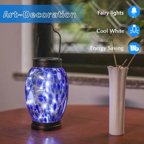 Solar Lanterns Outdoor Waterproof Blue Glass Hanging Solar Light - Image 6