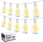 Outdoor String Lights 100 Feet LED Patio Lights 53 Plastic Edison Bulbs (3 Spare), Waterproof Connectable Hanging Light for Backyard Porch Balcony Party Decor, White by Tswayflort