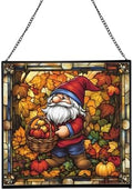 Autumn Harvest Gnome Stained Glass Suncatcher – Square Hanging Window Panel for Home or Greenhouse – Whimsical Glass Art Gift for Garden Lovers, Christmas, Halloween, Father Days NXugt7 by Custom