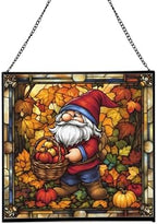Autumn Harvest Gnome Stained Glass Suncatcher – Square Hanging Window Panel for Home or Greenhouse – Whimsical Glass Art Gift for Garden Lovers, Christmas, Halloween, Father Days NXugt7 by Custom
