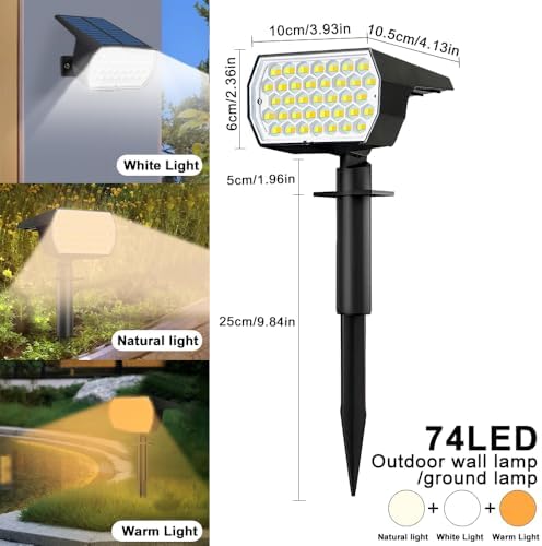 Super Bright 74LED Tri-Color Outdoor Solar Garden Spot Light, IP65 Solar Powered Landscape Lights, 3 Lighting Modes Solar Spotlights for Pathway Walkway Lighting - Image 5