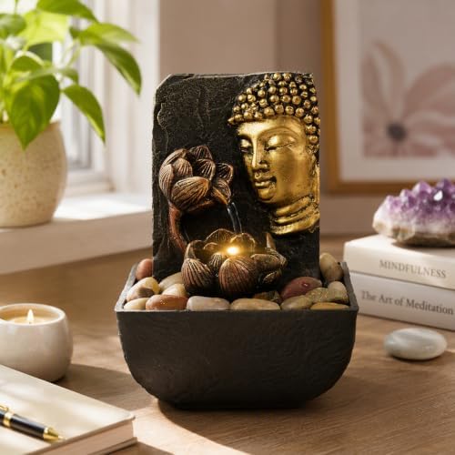 Ferrisland Desktop with LED Light Buddha Lotus Resin Fountain (Gold) - Image 2