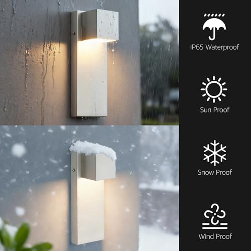 2 Pack 13" Modern Outdoor Led Wall Light,16W 3000K 1200Lumen Porch & Patio Hardwired Wall Mount Wall Sconces,Exterior IP65 Waterproof Aluminum Wall Lamp for Front Door Garage Garden(Nickel) - Image 2