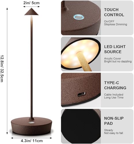 2Pack Rechargeable Cordless Table Lamp, Portable Powered LED Battery 6000mAh Metal USB Desk Lamp, 3 Levels Brightness Light for Restaurants Outdoor (2pack ferruginous) - Image 6