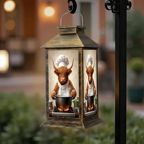 Solar Lantern Outdoor Waterproof Funny Cow Humorous Brown Highland Cows Cooking Enticing Food Kitchen Garden Decor LED Solar Lights Hanging/Tabletop Lamp Gifts for Women Mom for Outside Yard Patio by DERUINVAIO
