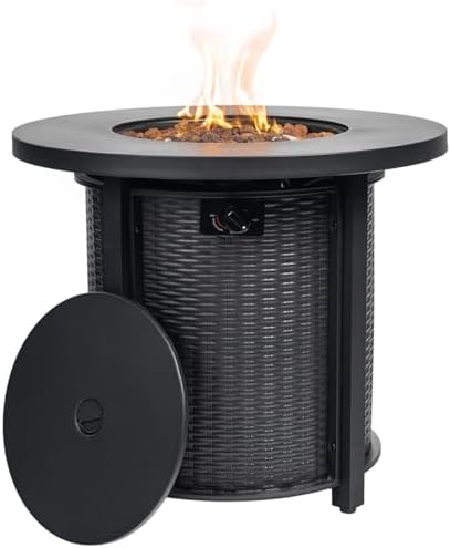 30'' Round Propane Fire Pit Table, 50,000 BTU Steel Gas FirePit for Outdoor, Fire Table with Lid, Add Warmth & Ambience to Gatherings and Parties On Patio Deck Garden Backyard, Black. by Senjoys