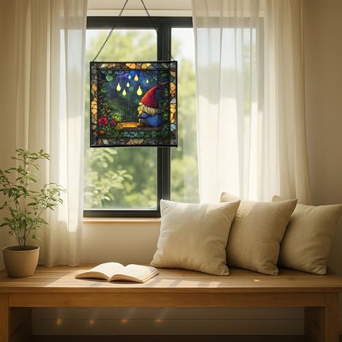 Gnome in Rainy Window Stained Glass Suncatcher – Square Hanging Window Panel for Home or Greenhouse – Whimsical Glass Art Gift for Garden Lovers, Christmas, Halloween, Father Days C6Ziju - Image 7