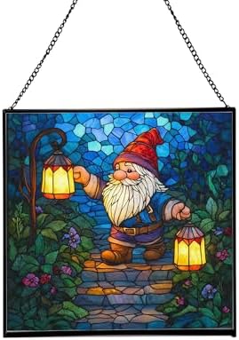 Lantern Path Gnome Stained Glass Suncatcher – Square Hanging Window Panel for Home or Greenhouse – Whimsical Glass Art Gift for Garden Lovers, Christmas, Halloween, Father Days 8DrWKo by Custom