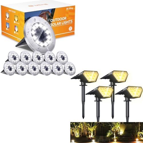 Biling 12 Pack Solar Ground Lights & 4 Pack Solar Spot Lights Outdoor Waterproof for Yard Garden by Biling