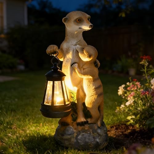 Meerkat Mother & Baby Solar Lantern Garden Statue Outdoor Decor Figurine by Juliahestia