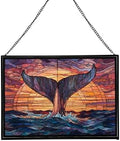Whale Tail Splashes Under Sunset Sky Rectangular Stained Glass Suncatcher – Hanging Window Panel with Animal & Nature Scene – Vibrant Glass Art Gift for Wildlife, Fantasy, Nature Lovers wwsLLc by Custom