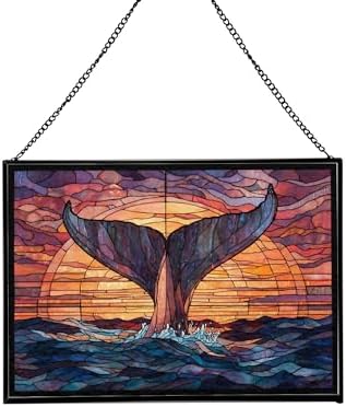 Whale Tail Splashes Under Sunset Sky Rectangular Stained Glass Suncatcher – Hanging Window Panel with Animal & Nature Scene – Vibrant Glass Art Gift for Wildlife, Fantasy, Nature Lovers wwsLLc by Custom