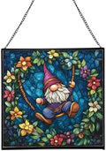 Wreath Swing Gnome Stained Glass Suncatcher – Square Hanging Window Panel for Home or Greenhouse – Whimsical Glass Art Gift for Garden Lovers, Christmas, Halloween, Father Days Of4WNz by Custom