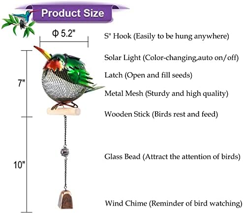 Solar Wild Bird Feeder Squirrel Proof for Outside - Unique Cute Metal Animal Shaped Bird Feeder with Solar Light, Wind Chime, Gift for Bird Lovers(Hummingbird) - Image 4