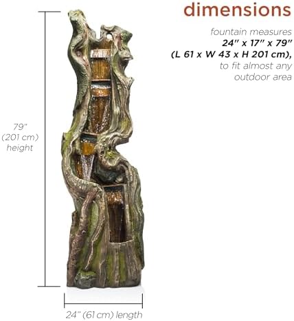 Alpine Corporation TVH156 79" Outdoor Floor Cascading Tree Trunk Water Fountain with LED Lights, Waterfall with Lights, Brown - Image 3