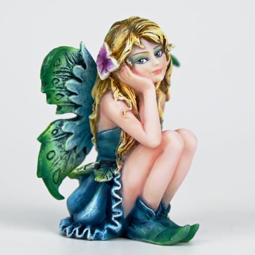 Fantasy Thoughtful Fairy Figurine, 3.15 Inch Blue-Green Gradient Elf Statue, Hand-Painted Resin Decor with Purple Hair Flower & Textured Wings for Desk, Fairy Garden, Plant Pot by Unknown