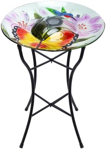 MUMTOP Outdoor Glass Bird Bath Solar Birdbath with Metal Stand Garden Decor by MUMTOP